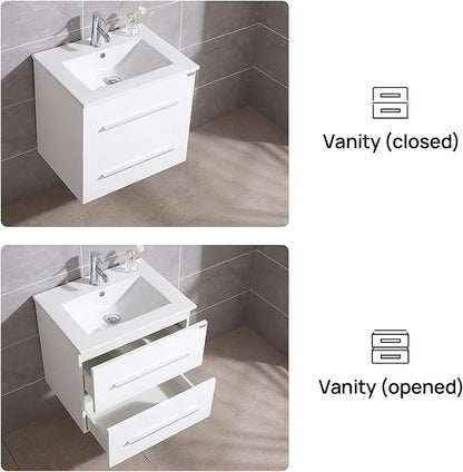 wonline 24" White Wall Mounted Bathroom Vanity Set Two Drawers Storage Cabinet with Ceramic Vessel Sink and Mirror Combo Chrome Faucet