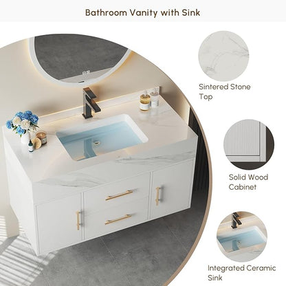 Bathroom Vanity with Sink 39.5" Floating Bathroom Vanity Sintered Stone Modern Bathroom Vanity Set, White (Wall Mounted, Gold Handle)