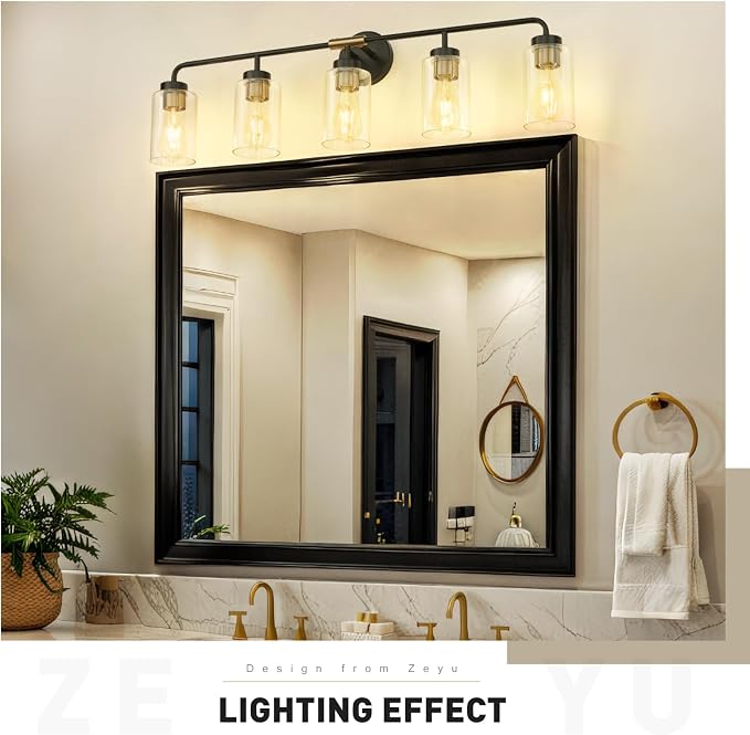 zeyu 36.5 Inch Modern Vanity Lights Over Mirror with Clear Glass Shade, 5-Light Bathroom Light Fixtures for Bathroom, Bedroom, Hallway, Black and Gold Finish, ZS62B-5W BK+BG