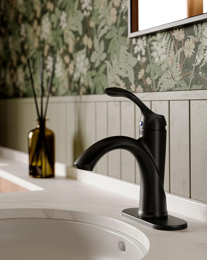 Matte Black Bathroom Faucet 1 Hole One-Handle Lever Bathroom Sink Faucets | Bath Rustic Lavatory Basin Mixer Tap with Pop Up Drain with Overflow Supply Hose by Homevacious