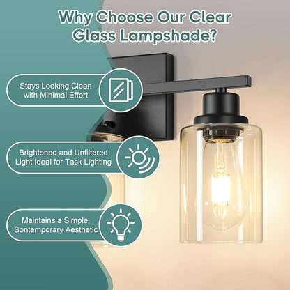 Ascher Bathroom Light Fixtures, 3-Light Vanity Light Over Mirror, Matte Black Wall Sconces with Clear Glass Shades, Wall Lamp for Living Room Bedroom, E26 Base(Bulbs Not Included)