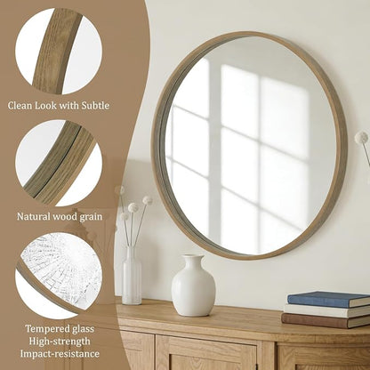 Round Wood Mirror, 32" Round Modern Decoration Large Circle Wall Mirror for Bathroom Living Room Bedroom Entryway, Honey