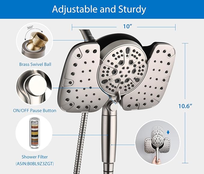 Rain Shower Head with Filtered Handheld Spray Combo Nickel 2.5 GPM | 10” Rainfall Showerhead with 9-Spray Detachable Handheld, High Pressure, ON/OFF Switch, 15-Stage Filter, Jet for Cleaning