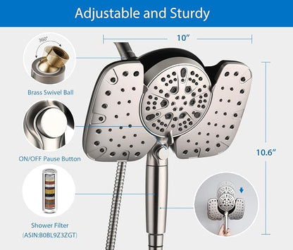Rain Shower Head with Filtered Handheld Spray Combo Nickel 2.5 GPM | 10” Rainfall Showerhead with 9-Spray Detachable Handheld, High Pressure, ON/OFF Switch, 15-Stage Filter, Jet for Cleaning