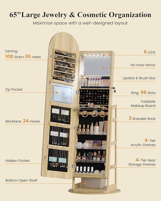 LVSOMT LED Arched Mirror Jewelry Cabinet Standing, Lockable Jewelry Armoire | 360° Swivel Full-Length Mirror with Storage, Large Jewelry Organizer Mirror, Foldable Makeup Shelf, Gift for Women, Wood