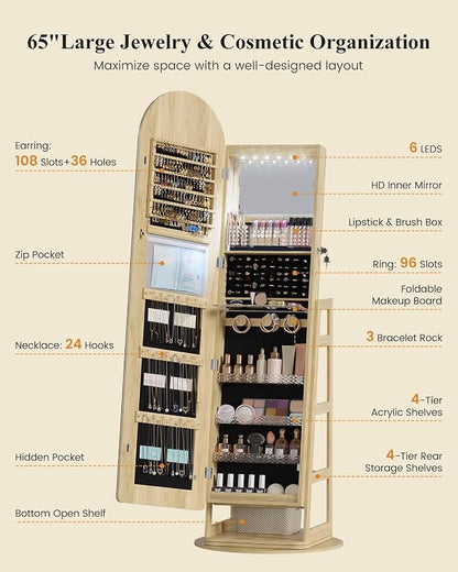 LVSOMT LED Arched Mirror Jewelry Cabinet Standing, Lockable Jewelry Armoire | 360° Swivel Full-Length Mirror with Storage, Large Jewelry Organizer Mirror, Foldable Makeup Shelf, Gift for Women, Wood