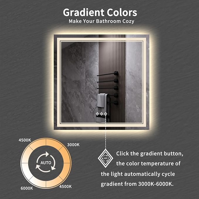 LED Mirror, 40x40 Inch Gradient Front and Backlight Bathroom Mirrors for Wall, 3 Colors Dimmable CRI>90 Double Lights, IP54 Enhanced Anti-Fog, Hanging Plates Wall Mount LED Vanity Mirror