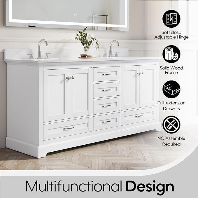 WELLFOR 72 Inch Bathroom Vanity with Double Sinks, Solid Wood Bathroom Vanity W/4 Soft-Close Doors and 6 Drawers, Cultured Marble Countertop Bathroom Vanities W/Two Sinks (White)