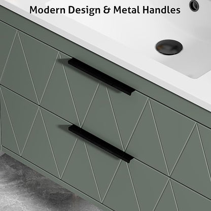 eclife 24" Bathroom Vanities Cabinet with Sink Combo, Wall Mounted Floating Cabinet W/Decor Line, Soft-Close System, 2 Extra Big Drawers, Matte Black Faucet, Gray Green