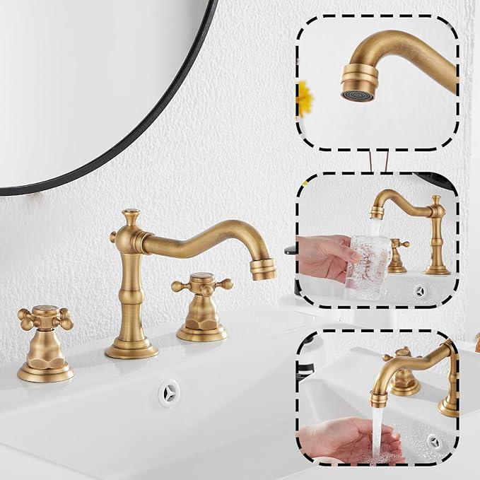 GGStudy 8 inch 2 Handles 3 Holes Widespread Bathroom Sink Faucet Antique Brass Bathroom Vanity Faucet Basin Mixer Tap Faucet Matching Metal Pop Up Drain with Overflow