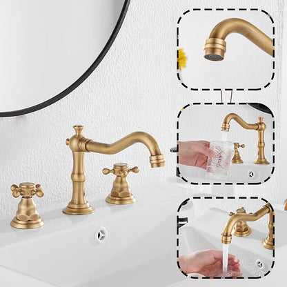 GGStudy 8 inch 2 Handles 3 Holes Widespread Bathroom Sink Faucet Antique Brass Bathroom Vanity Faucet Basin Mixer Tap Faucet Matching Metal Pop Up Drain with Overflow