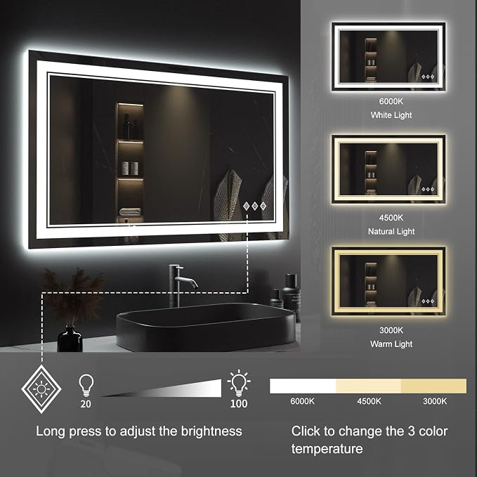 Lighted Vanity Mirror, 40x24 Inch Gradient Front and Backlight LED Vanity Mirror, 3 Colors Dimmable CRI>90 Double Lights, IP54 Enhanced Anti-Fog, Hanging Plates Wall Mount Bathroom Mirror