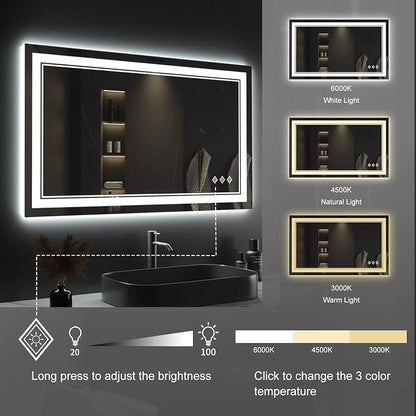 Lighted Vanity Mirror, 40x24 Inch Gradient Front and Backlight LED Vanity Mirror, 3 Colors Dimmable CRI>90 Double Lights, IP54 Enhanced Anti-Fog, Hanging Plates Wall Mount Bathroom Mirror