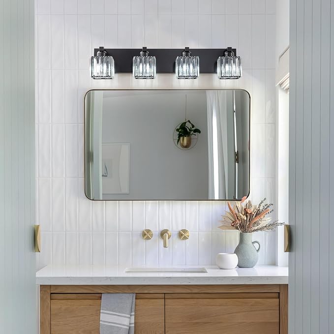 Black Bathroom Light Fixtures, 4-Light Modern Bathroom Vanity Lights Over Mirror, Wall Light Fixtures with Square Shade