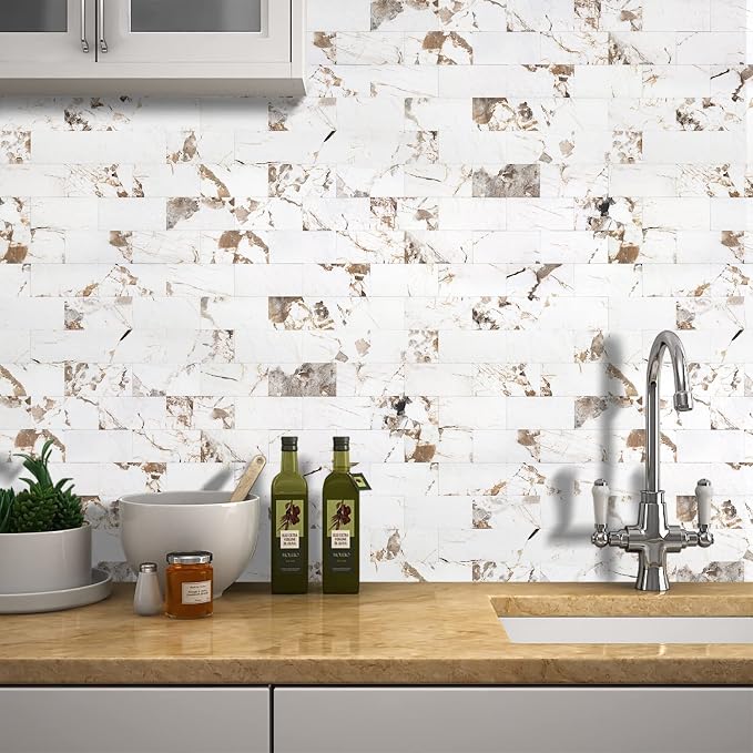 STICKGOO 10 Sheets Subway Tiiles Peel and Stick Backsplash, Belgium White | Stick on Kitchen Backsplash, Waterproof, Self Adhesive PVC Wall Tiles for Kitchen, Bathroom, Fireplace