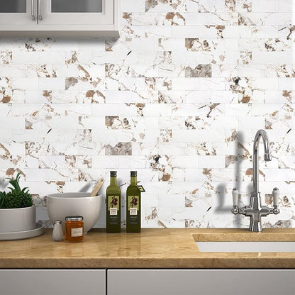 STICKGOO 10 Sheets Subway Tiiles Peel and Stick Backsplash, Belgium White | Stick on Kitchen Backsplash, Waterproof, Self Adhesive PVC Wall Tiles for Kitchen, Bathroom, Fireplace