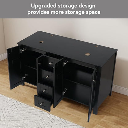 48'' Bathroom Vanity with Sink, Modern Bathroom Cabinet Black | 4 Soft-Close Cabinet Doors, 4 Drawers, 4-Tier Inner Shelf, Freestanding Large Storage Cabinet, Two White Ceramic Vessel Sinks