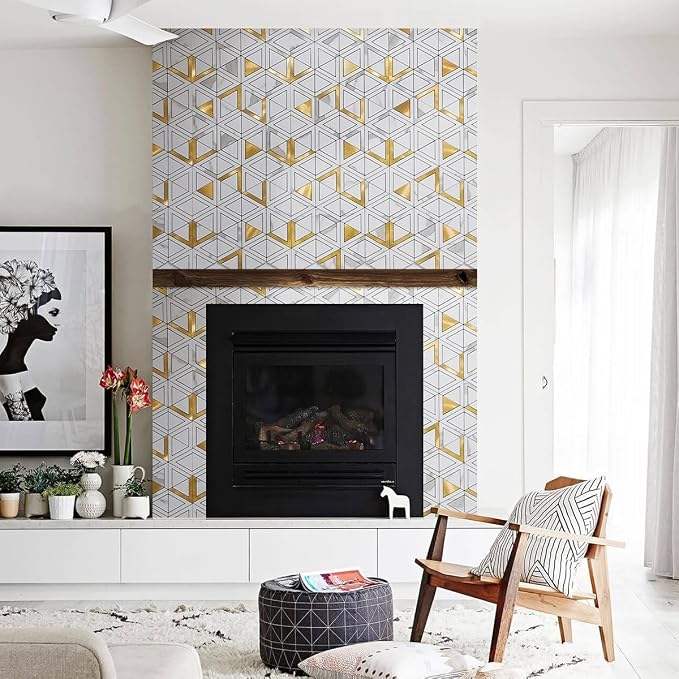 DICOFUN 10-Sheet White Marble Look Triangle Mosaic Tiles Peel and Stick Backsplash for Kitchen, PVC Mixed Metal Gold Chevron Stick on Backsplash Wall Tiles