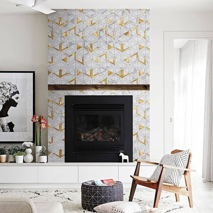DICOFUN 10-Sheet White Marble Look Triangle Mosaic Tiles Peel and Stick Backsplash for Kitchen, PVC Mixed Metal Gold Chevron Stick on Backsplash Wall Tiles