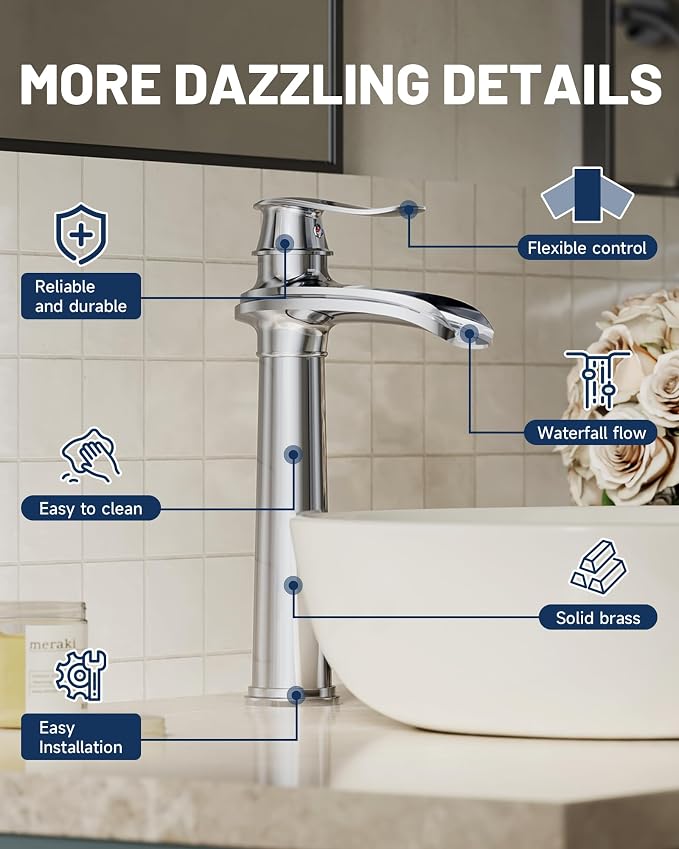 Chrome Vessel Sink Faucet Brass Waterfall Bathroom Faucet Single Hole | with Pop Up Drain Assembly and Supply Hoses, Single Handle Tall Bathroom Faucets Lavatory Vanity Mixer Tap by BATHLAVISH