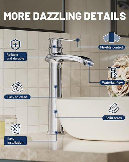 Chrome Vessel Sink Faucet Brass Waterfall Bathroom Faucet Single Hole | with Pop Up Drain Assembly and Supply Hoses, Single Handle Tall Bathroom Faucets Lavatory Vanity Mixer Tap by BATHLAVISH