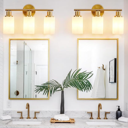 DLLT 3-Light Bathroom Light Fixtures: Gold Modern Vanity Lights with E26 Bulbs - Milky White Glass Shade Bathroom Wall Lamp for Mirror Kitchen Living Room Hallway Cabinet Porch