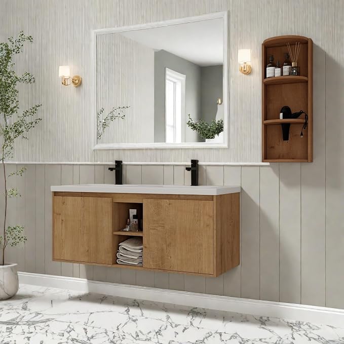 Floating Bathroom Vanity, 48" Bathroom Storage Cabinet with Double Resin Sinks, 2 Soft-Close Doors & 2 Open Storage Shelves, Wall-Mounted Vanity with Extra Three-Layer Spacious Shelves, Oak