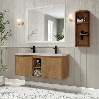 Floating Bathroom Vanity, 48" Bathroom Storage Cabinet with Double Resin Sinks, 2 Soft-Close Doors & 2 Open Storage Shelves, Wall-Mounted Vanity with Extra Three-Layer Spacious Shelves, Oak