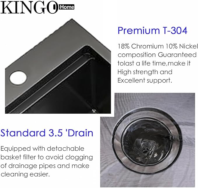 KINGO HOME Drop in Black Bar Sink, 15 x 20 Inch Single Bowl Small Kitchen Sink,304 Stainless Steel Topmount Wet Bar Sink Prep Sink With Grid&Drainer&Cutting Board