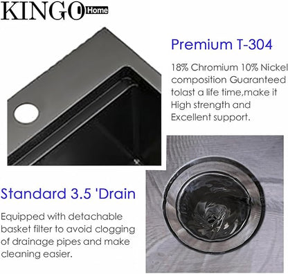 KINGO HOME Drop in Black Bar Sink, 15 x 20 Inch Single Bowl Small Kitchen Sink,304 Stainless Steel Topmount Wet Bar Sink Prep Sink With Grid&Drainer&Cutting Board