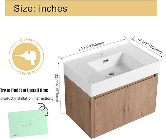 Malwee 30 Inch Floating Bathroom Vanity with Sink, 30'' Single Sink Wall Mounted Bathroom Vanity, with 2 Doors and White Resin Basin Top, Wall Hung Storage Cabinet Set (035-30MA)
