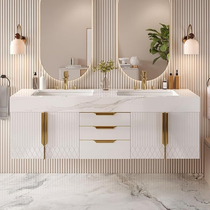 Bathroom Vanity with Sink, Modern Bathroom Vanity with Faux Marble Top, Gold Hardware & Soft-Close Drawers for Bathroom Storage (59.1 Inch, White, Double Sink & Floating)