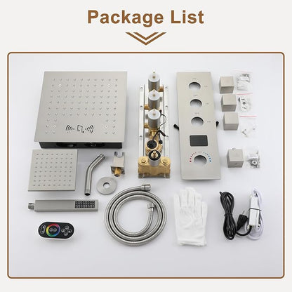 CASAINC Thermostatic Shower System 12" Ceiling-Mounted Rain Shower Head with 6" Shower Head, Smart Shower System with Handheld Spray, LED Light & Music, Water Temperature Display (Brushed Nickel)