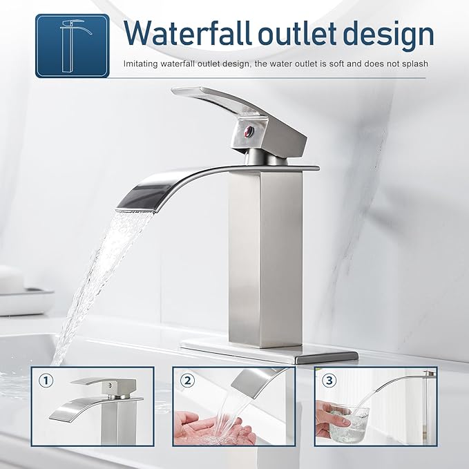 Waterfall Single Handle Bathroom Vanity Sink Faucet with Metal Pop-up Drain, Brushed Nickel Finish