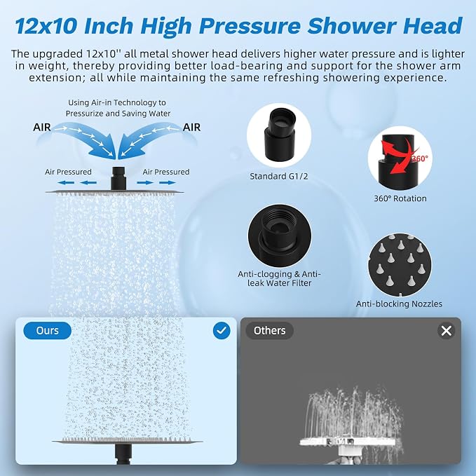 Hibbent High Pressue All Metal 12" Rainfall Shower Head, Handheld 10-Spray | cUPC Certified Matte Black Dual Showerhead Combo, 4-way Diverter with Pause Mode, Brass Extension Arm, 71'' Hose & Holder