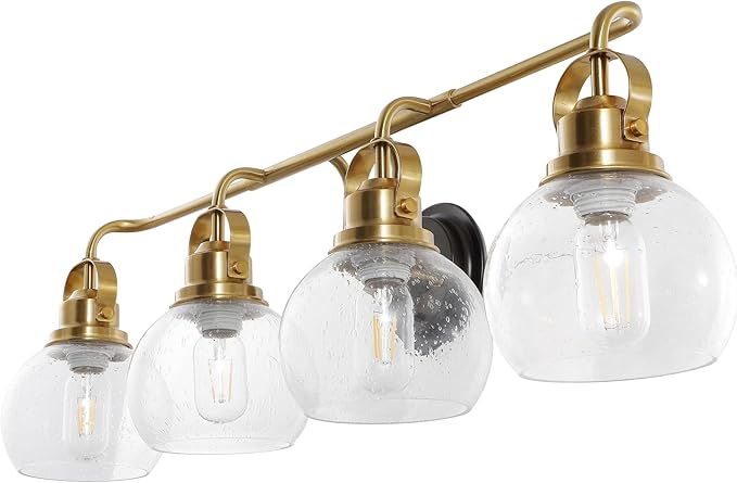JONATHAN Y 34" Brass Gold/Oil Rubbed Bronze Shirley 4-Light Bathroom Vanity Light, Metal Wall Sconce, Clear Seeded Glass Shade, Modern Transitional Farmhouse Fixture, LED Bulbs Included (JYL7406B)