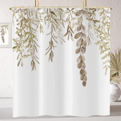 Botanical Shower Curtains Watercolor Autumn Eucalyptus Leaf Plant Tan Bathroom Curtain for Bathtub Waterproof Fabric Machine Washable with 12 Hooks Top Tan Eucalyptus Leaf 72''Lx65''W