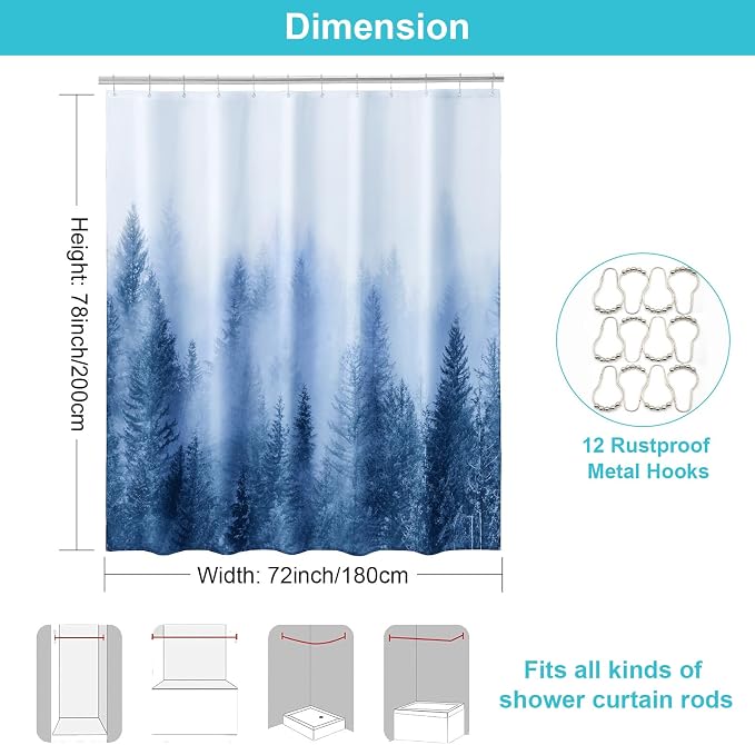 ORTIGIA 78 Inch Blue Misty Forest Shower Curtain for Bathroom, Nature Woodland Shower Curtain Set with Hooks, Decorative Pine Tree Fog Magic Bath Curtain, Waterproof Fabric, Weighted, 72x78