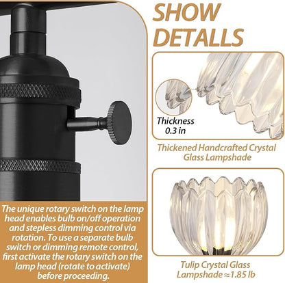Matte Black 3 Light Bathroom Vanity Light,18.8in Modern Bathroom Lighting Fixtures Over Mirror with Tulip Crystal Glass Shade,Vintage Vanity Lights for Bathroom for Living Room（not include Bulbs)