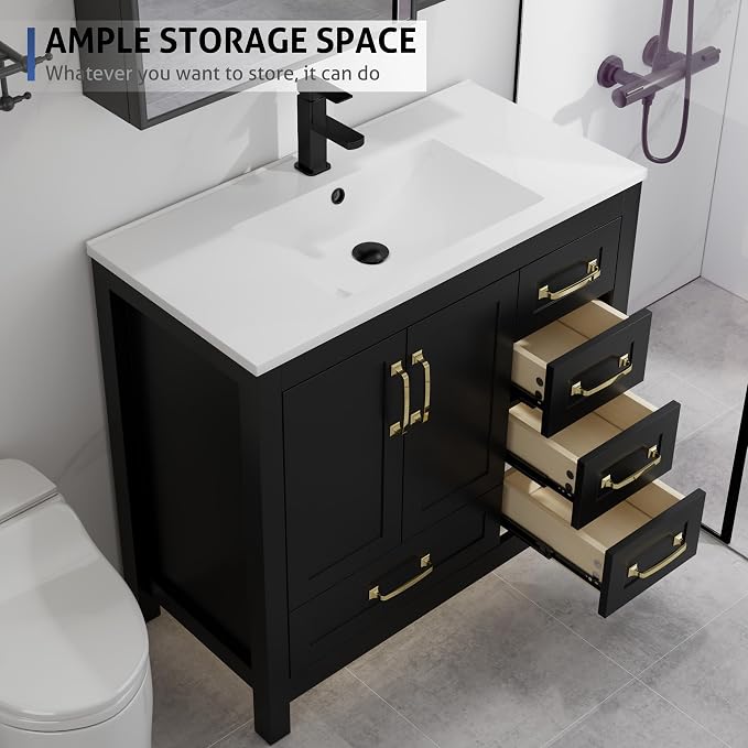 LUCKWIND 36" Bathroom Vanity and Sink Combos, Modern Bathroom Storage Cabinet with Ceramic Sink, Matte Black Faucet and 5 Drawers, Mirror is NOT Included, Black