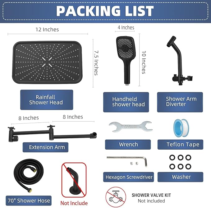 14" High Pressure Rain/Rainfall Shower Heads With Handheld Spray Combo (3+1 Settings & Built-in Power Wash Mode), Double/Dual Shower Head With Handheld - Height/Angle Adjustable(Matte Black)