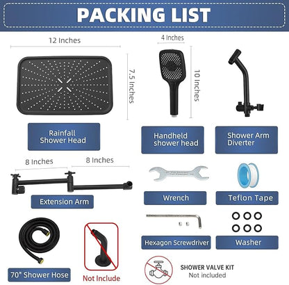 14" High Pressure Rain/Rainfall Shower Heads With Handheld Spray Combo (3+1 Settings & Built-in Power Wash Mode), Double/Dual Shower Head With Handheld - Height/Angle Adjustable(Matte Black)