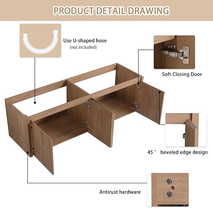 60 Inch Bathroom Vanity Without Sink, 60" Floating Vanity Without Top, Modern Wall Mounted Cabinet for Large Space, Large Bathroom Storage Cabinet with 4 Soft-Closing Doors and Hidden Handles