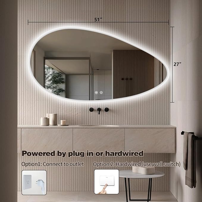 Niccy Irregular LED Bathroom Mirror with Lights, 27x51 Asymmetrical Backlit-Mirror for Wall Mounted, Bathroom Vanity Mirrors with Memory, Dimmable, 3 Colors, Anti-Fog, IP65 Waterproof