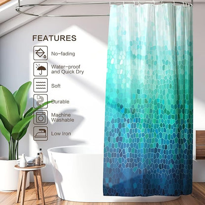 Ombre Blue Shower Curtain, Modern Geometric Shower Curtain for Bathroom with 12 Hooks Polyester Fabric Waterproof Shower Curtains Sets Machine Washable Decor Bath Curtain
