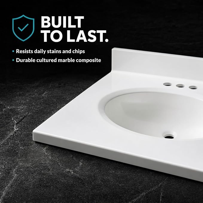 Cultured Marble Composite Bathroom Sink Top - Fits Standard 24” Vanity | Elegant and Durable Bathroom Sinks for Modern Homes - Upgrade Your Space - Perfect for Any Bathroom Design