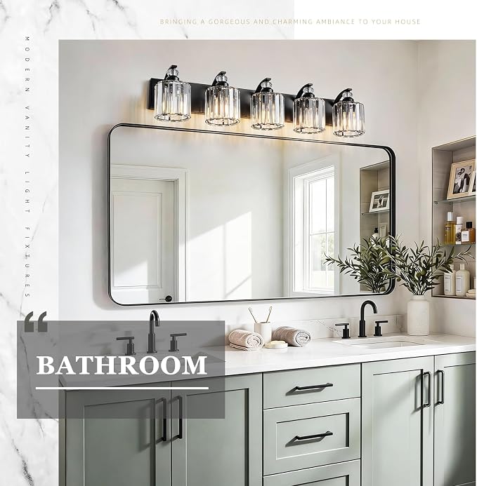 5-Light Black Bathroom Light Fixture Modern Vanity Lights Over Mirror Vintage Wall Sconce Lighting for Bathroom, Bedroom, Living Room, Hallway E26 Base with Crystal Bathroom Vanity Light