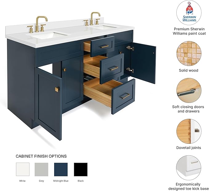 DKB Bradford 72 Inch Bathroom Vanity Double Sink — Midnight Blue Bathroom Vanity with Sink, 1.5" Edge Pure White Quartz Countertop & Backsplash, 4 Soft-Close Doors, and 3 Dovetail Drawers