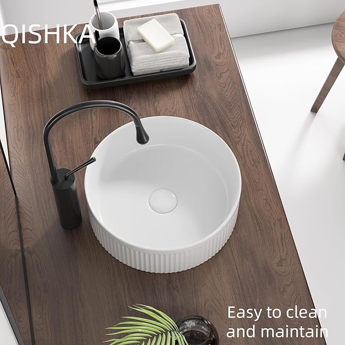 Round Vessel Sink 14 Inch Above Counter - White Ceramic Countertop Bathroom Sink, 14" x 14" Modern Vanity Art Basin Porcelain Hand Wash Basin