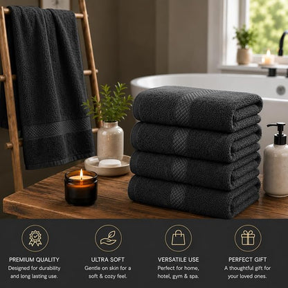 DAN RIVER 600 GSM Cotton Large Bath Towels Set of 4, 27 x 54 Inches, Black | Larger & Lighter Weight Towels for Bathroom - Highly Absorbent & Quick Dry 100% Cotton Bath Towel Set for Home, Spa & Hotel